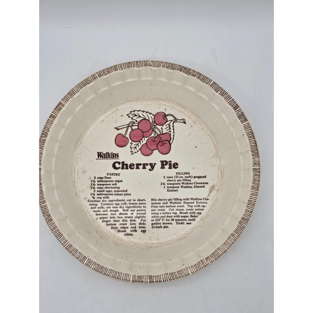 Vintage Watkins cherry pie plate with recipe 11" Cottagecore